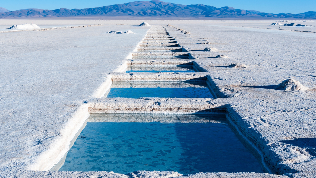 Salt flats with rectangular lithium brine pools under clear sky.