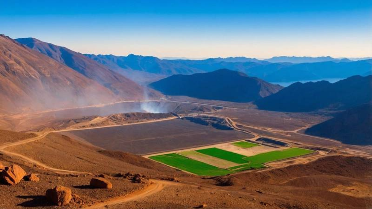 Expansive Chilean desert landscape showing lithium extraction zone with green brine ponds.