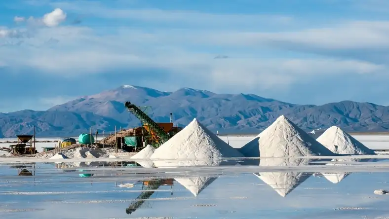Lithium brine site with white mineral piles and processing equipment against a mountain range under blue sky